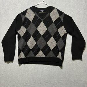 Club Room Mens Black Argyle V Neck Sweater XL Lambswool Blend Grandpa Core Vtg